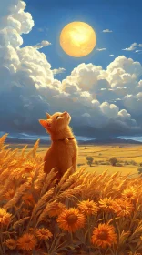 Cat Amidst Sunflowers and Clouds