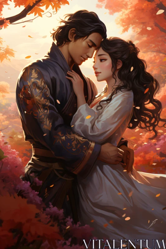 AI ART Autumnal Love: A Couple's Intimate Moment