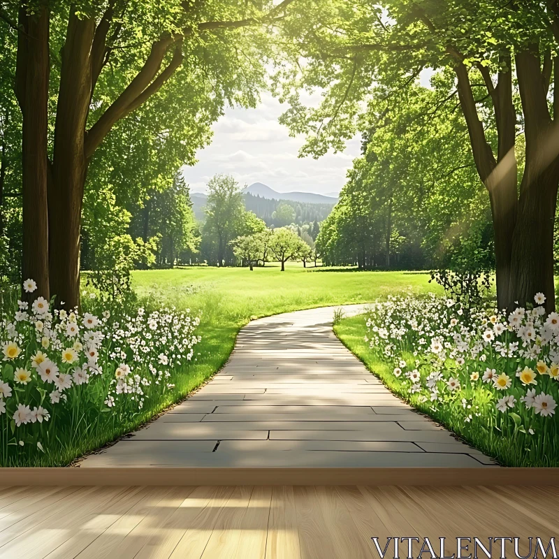 Daisy Path Under Sunlit Trees AI Image