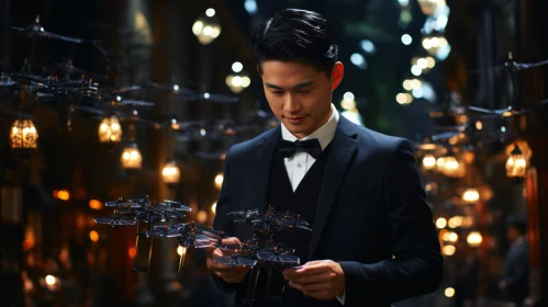 Captivating Image of a Young Man Operating a Drone at a Banquet