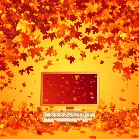 Digital Autumn: Computer with Falling Leaves