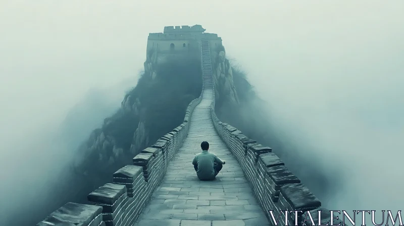 Meditative Moment on the Great Wall AI Image