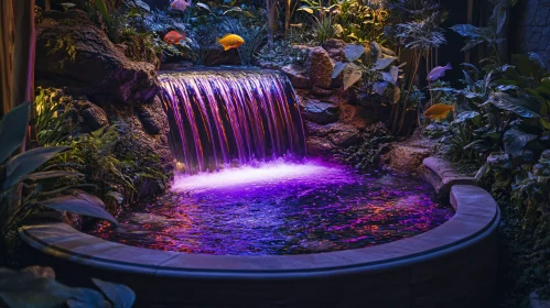 Colorful Waterfall into Illuminated Pond