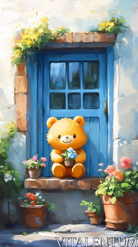 Teddy Bear with Flowers by a Blue Door AI Image