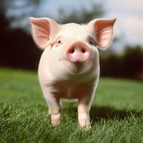 Cute Piglet Outdoors on Grass