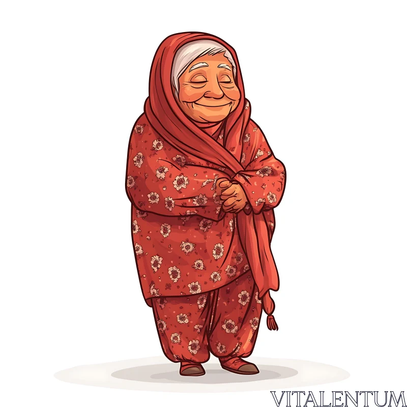 Cartoon of Smiling Old Woman in Red AI Image