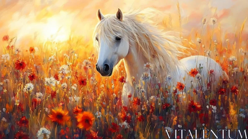 Serene Horse in a Sunset Meadow AI Image