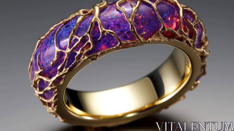 Elegant Golden Ring with Purple Opals - Bio-Art Inspired Jewelry AI Image