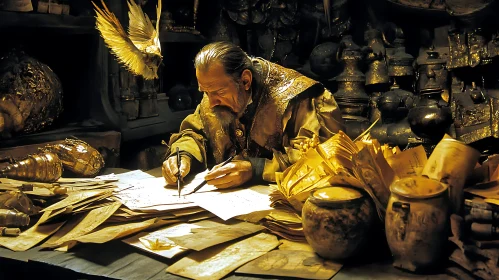 Vintage Man Writing with Golden Bird