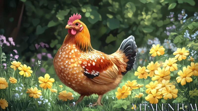 Chicken Among Daisies AI Image