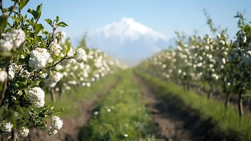 Blooming Orchard with Mountain View