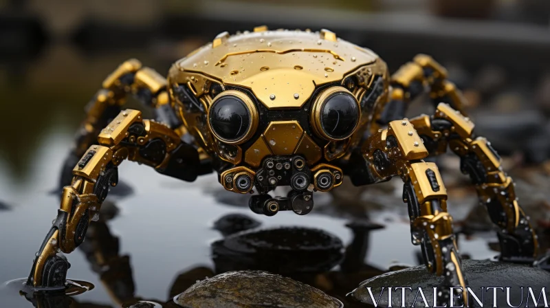 Gold Robot Spider by Water - A Study in Cybersteampunk Art AI Image
