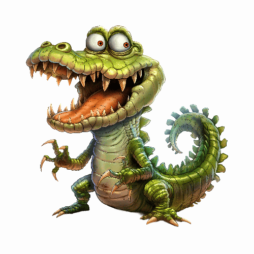 Green Crocodile with Orange Eyes and Sharp Teeth