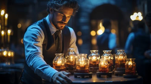 Hauntingly Beautiful Table Setting: A Man Setting Lamps on a Table