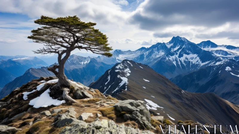 Lone Larch Tree Amidst Snowy Alps - A Testament to Nature's Fortitude AI Image
