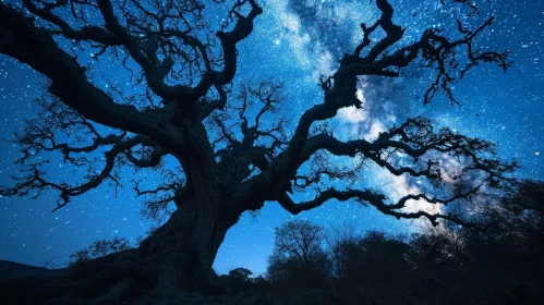 Majestic Ancient Oak Tree against a Starry Sky