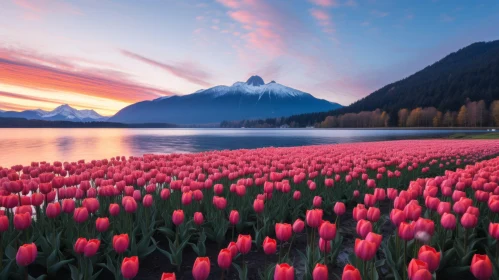 Mesmerizing Landscape of Pink Tulips at Sunset with Mountain and Lake