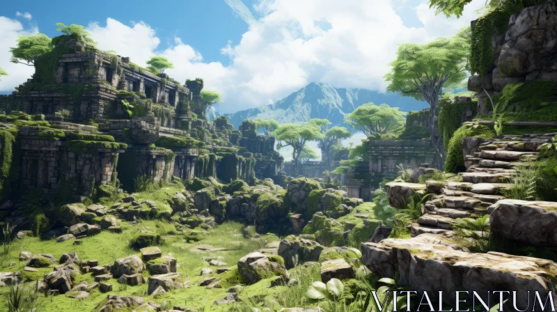 Serene Jungle Scene in Adventure Game with Grand Ruins AI Image