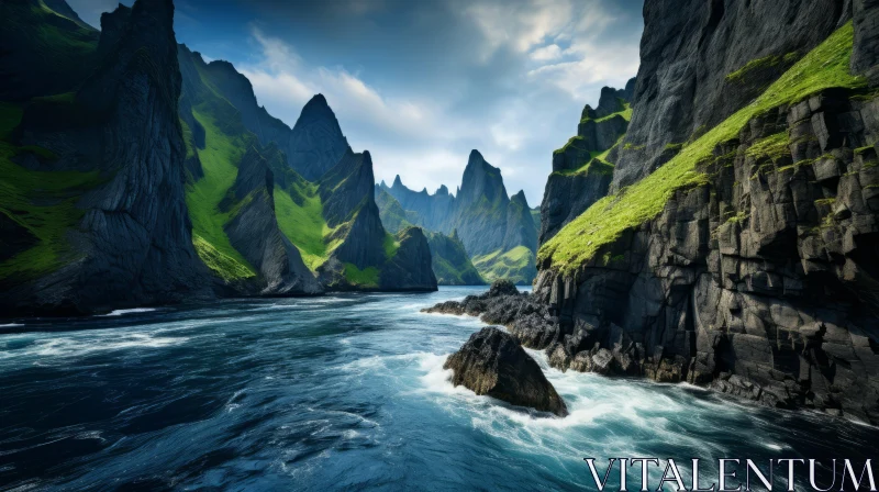 Surreal Seascapes: The Rugged Cliffs and Rushing Waters of North Norway AI Image