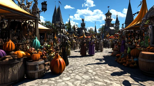 Fantasy Market with Crowd and Pumpkins