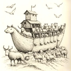 Fantasy Noah's Ark with Animals Ink Drawing
