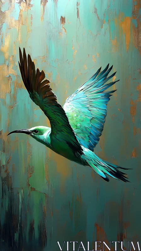 Teal Bird Painting with Wings Outstretched AI Image