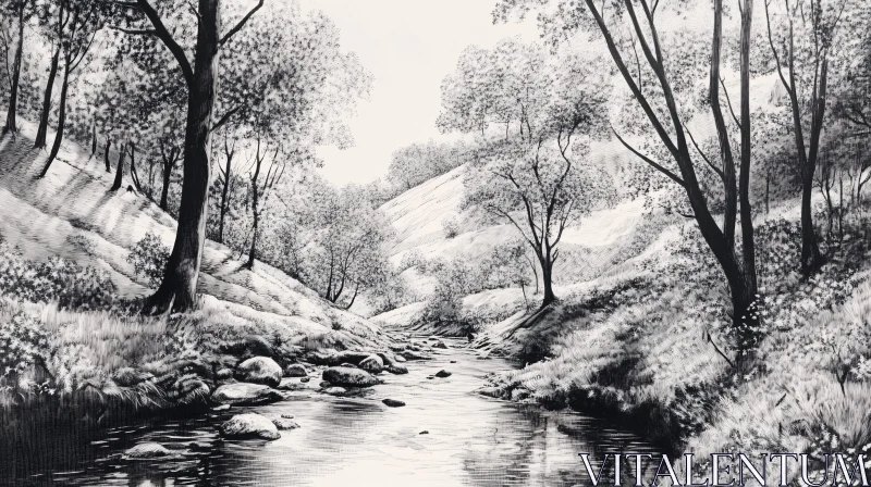 AI ART Monochromatic Forest River Landscape Drawing