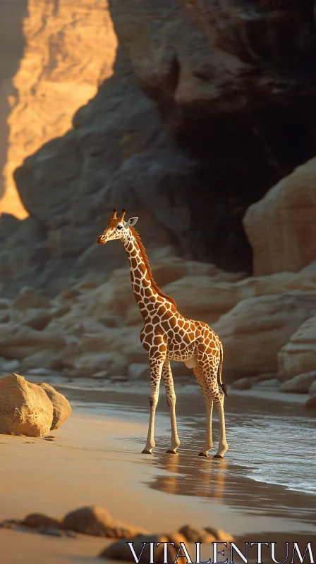 Beach Sunset with a Majestic Giraffe AI Image