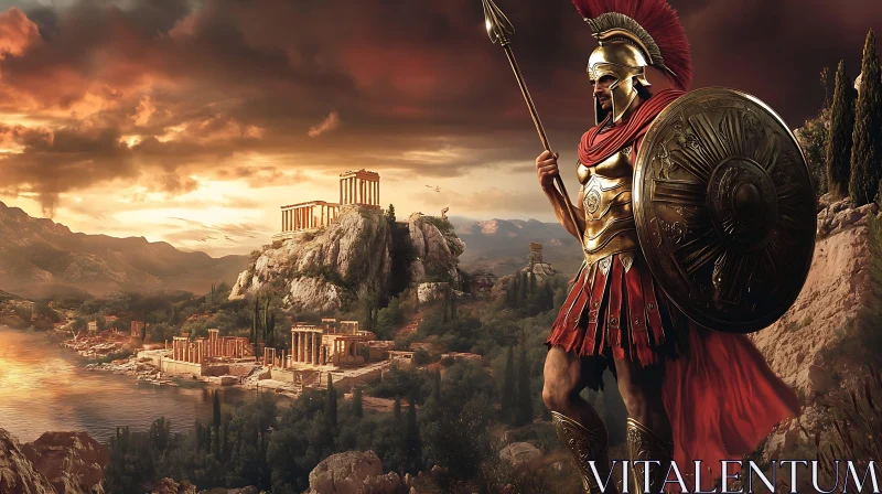 AI ART Golden Armored Warrior Overlooking Ancient City