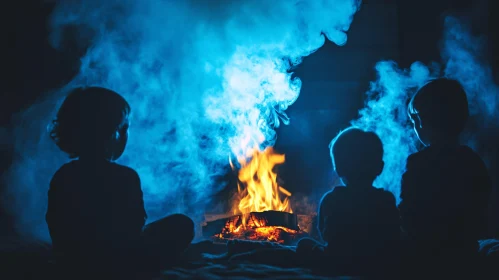 Silhouette Kids Around Campfire