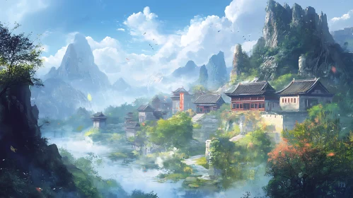 Tranquil Mountain Scene with Traditional Buildings
