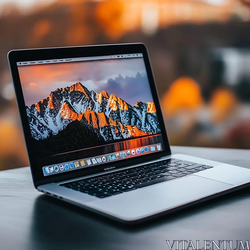 Laptop with Mountain Sunset Background AI Image