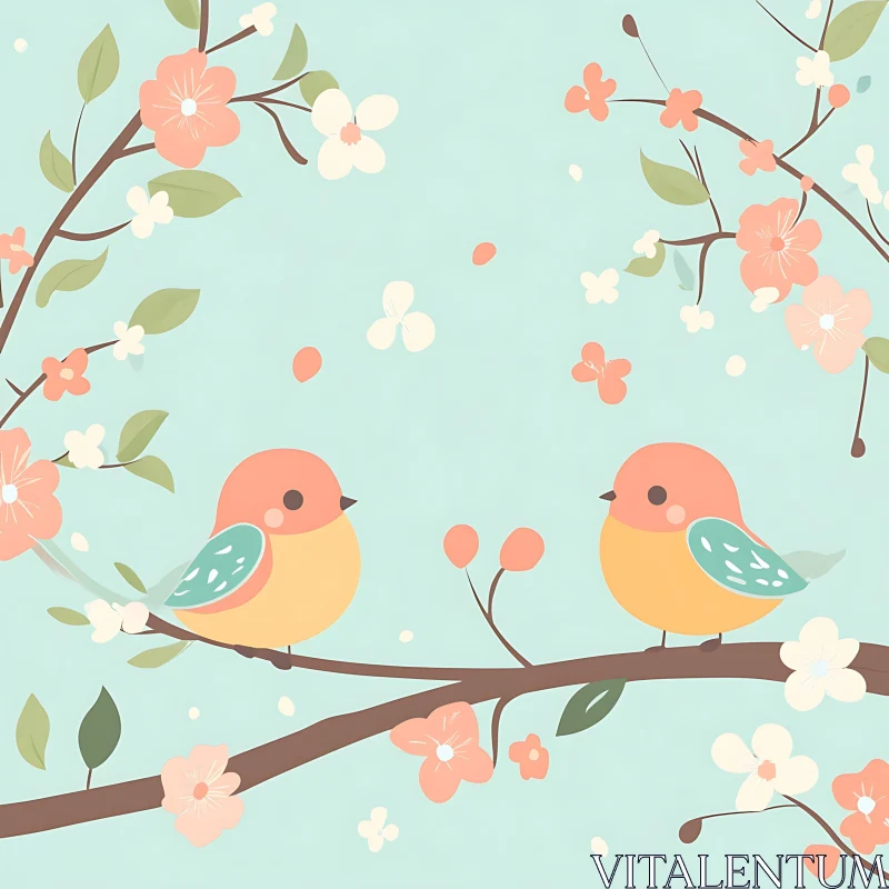 AI ART Birds on Blossoming Branch Illustration