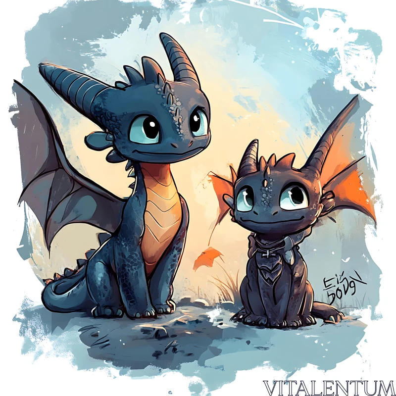 Two Cute Dragons in Cartoon Style AI Image