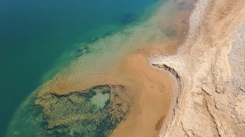 Lakeside Aerial View with Blue Waters and Sandy Shoreline