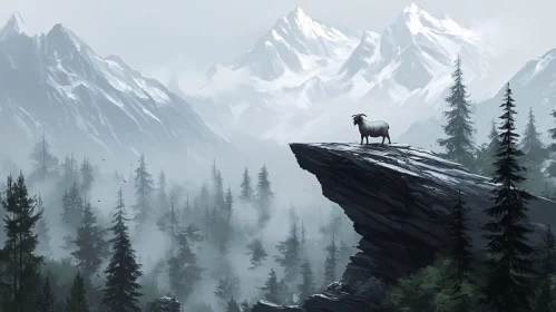 Goat Overlooking Misty Mountains