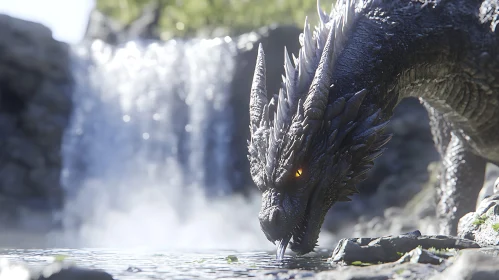 Dragon Hydrating by Waterfall