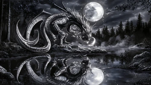 Monochrome Dragon by the Lake at Night