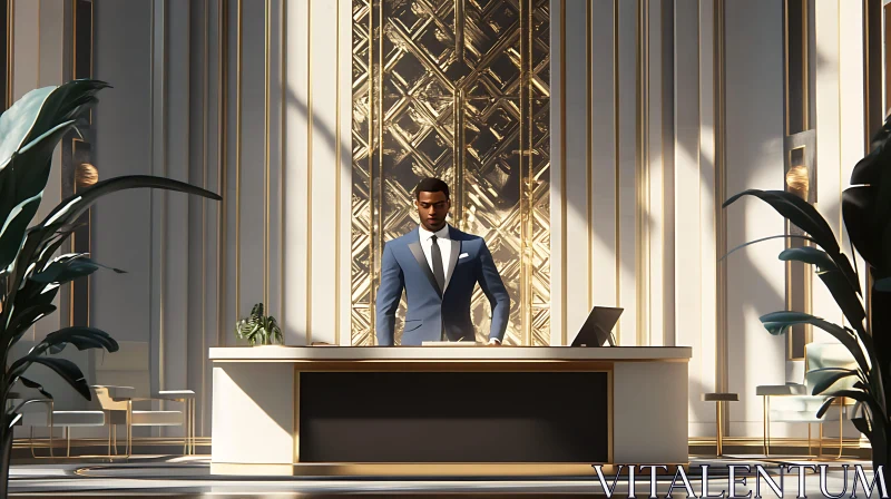 Man in a Sophisticated Office Lobby AI Image