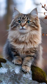 Fluffy Cat on Moss-Covered Rock