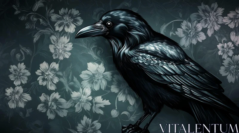 Dark Raven with Floral Wallpaper AI Image