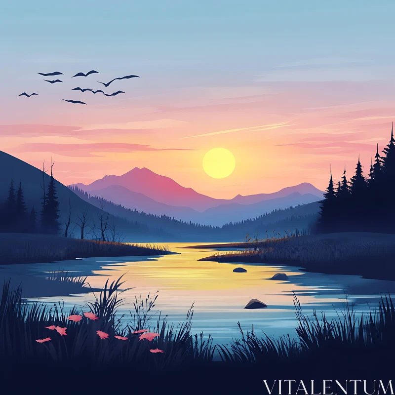 Mountain River at Sunset AI Image