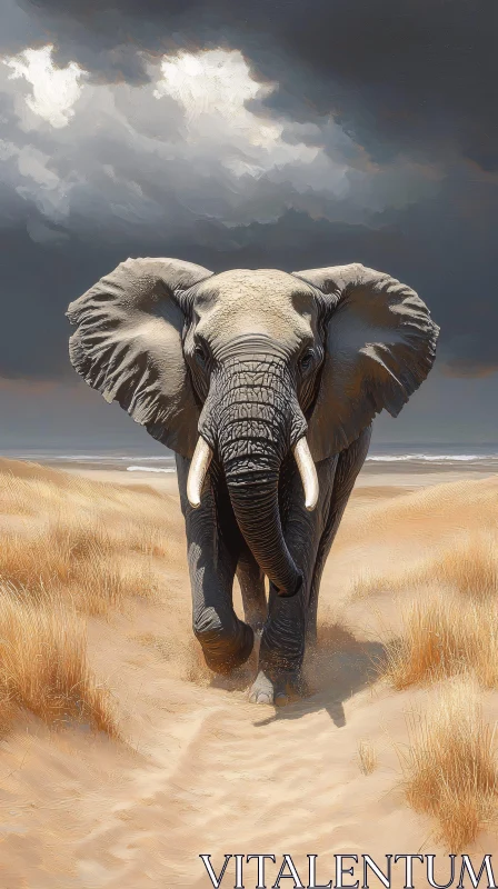 Elephant Walking in Stormy Savannah AI Image