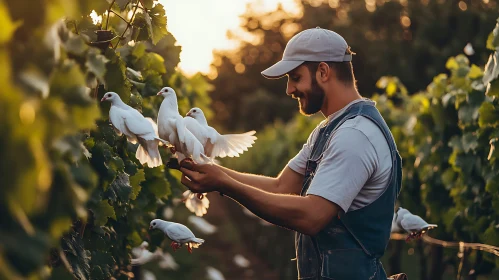 Peaceful Vineyard Scene with Pigeons