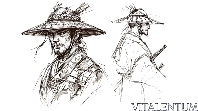 Asian Warrior Sketch with Conical Hat AI Image