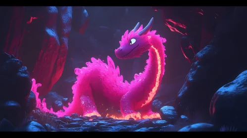 Glowing Pink Dragon in Shadowy Cave