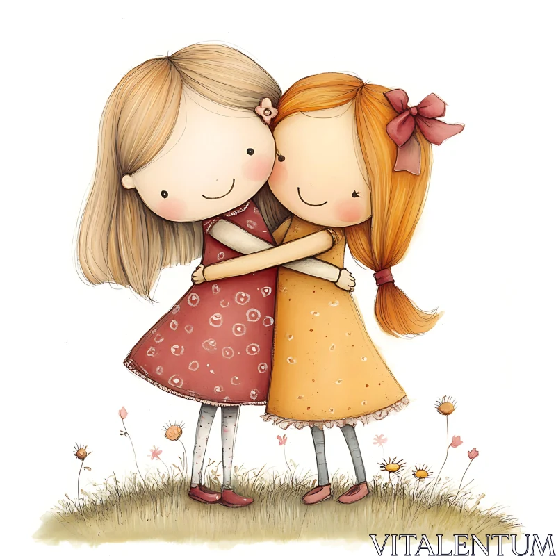 AI ART Two Cartoon Girls Hugging in Field