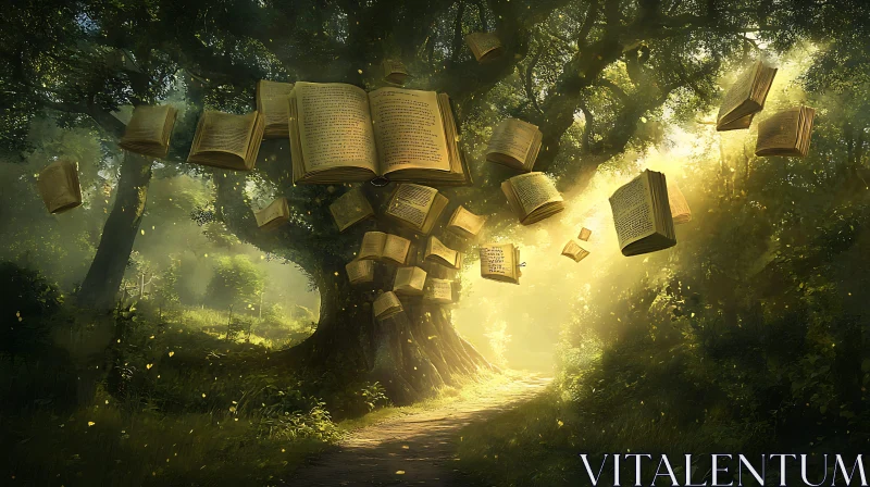 AI ART Mystical Tree of Books in Forest