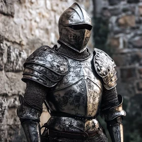 Armored Knight Standing By Stone Wall