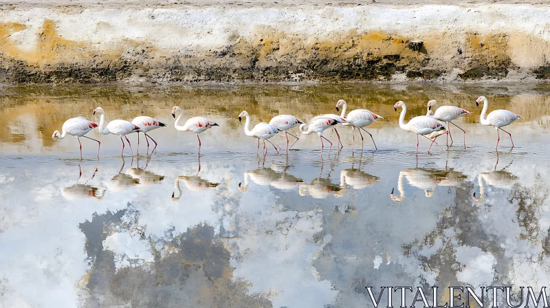 Flamingos Wading in Shallow Water AI Image